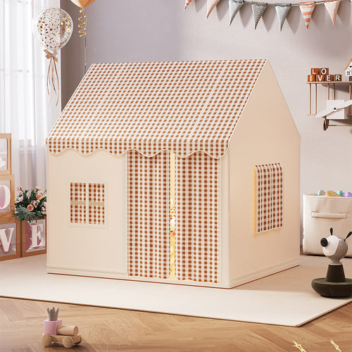 Kids Playhouse Tent – Cream Gingham Indoor Play House for Toddlers, Large 105×117×125cm